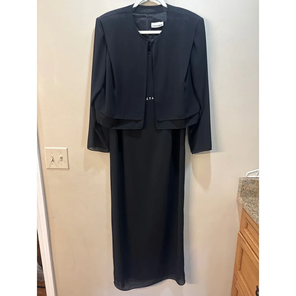 After Dark Black Maxi Dress‎ and Bolero Jacket Set Rhinestone Waist Formal L?